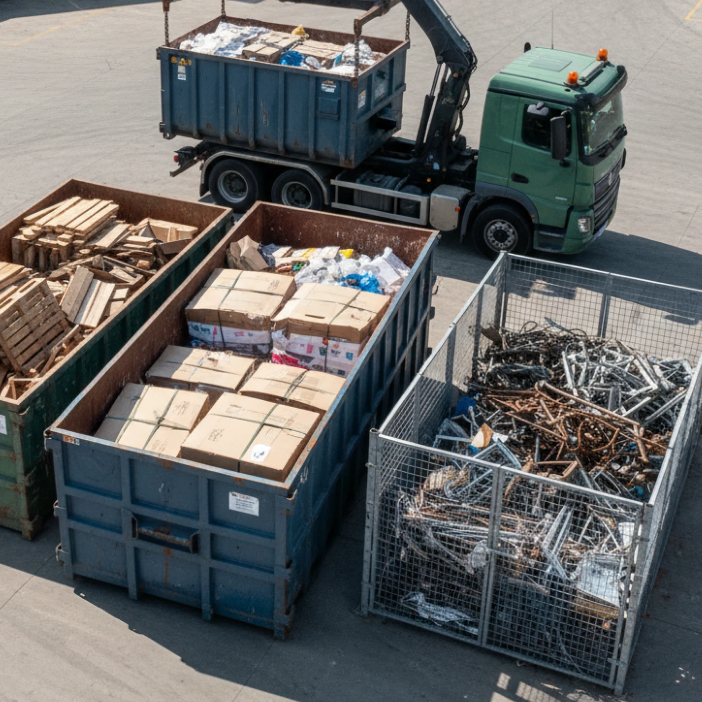 J Mould crane lorry lifting a skip of mixed waste beside skips of pallets and a cage of scrap metal
