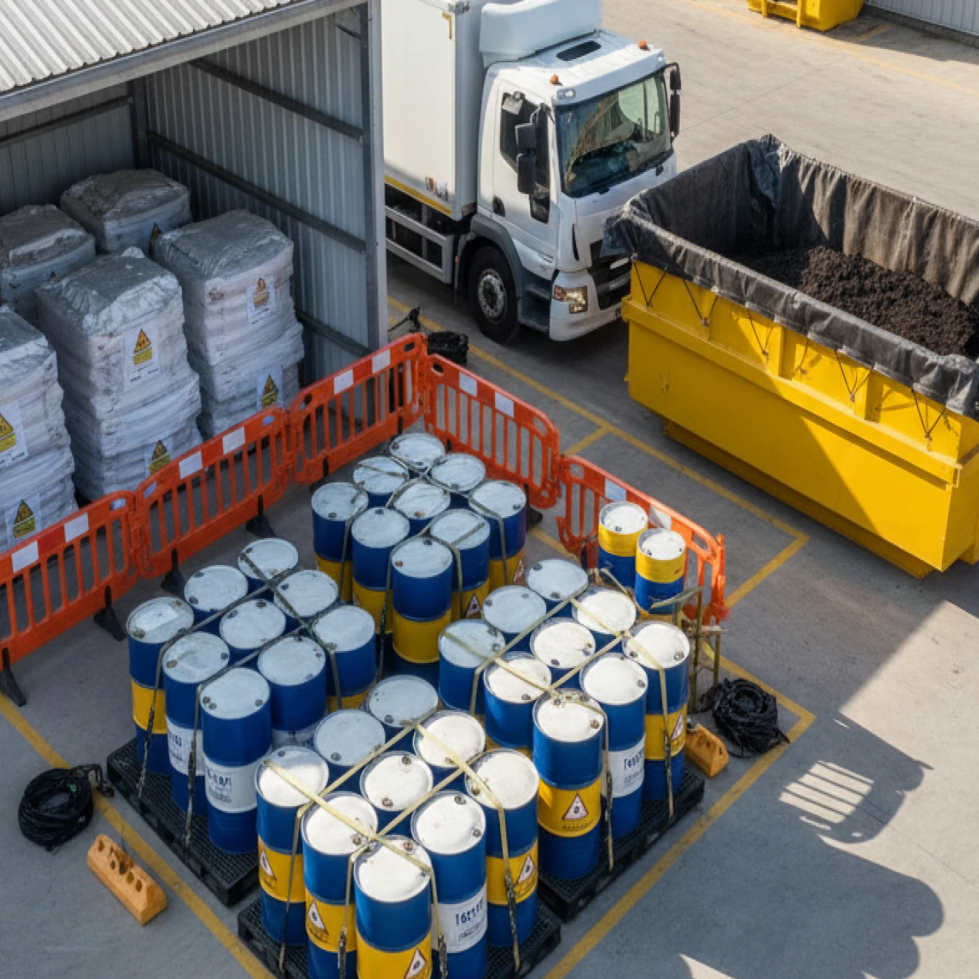 J Mould hazardous waste: labelled drums on strapped pallets behind barriers, beside a lined skip and bagged waste