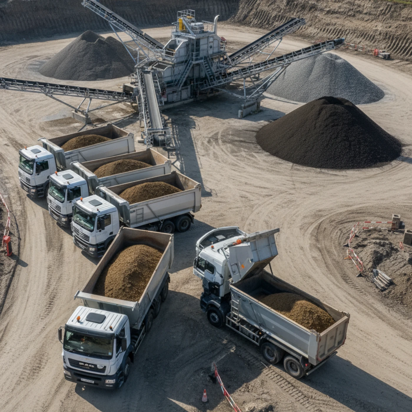 J Mould muck away: five white tipper lorries loaded with soil beside a screening plant at a quarry