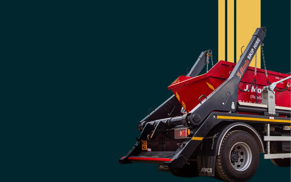 Illustrated red J.Mould skip lorry with skip hire arm, dark background