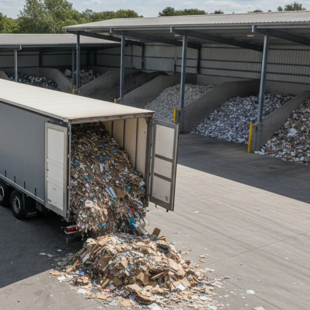 J Mould walking floor trailer unloading mixed paper and cardboard beside covered recycling bays