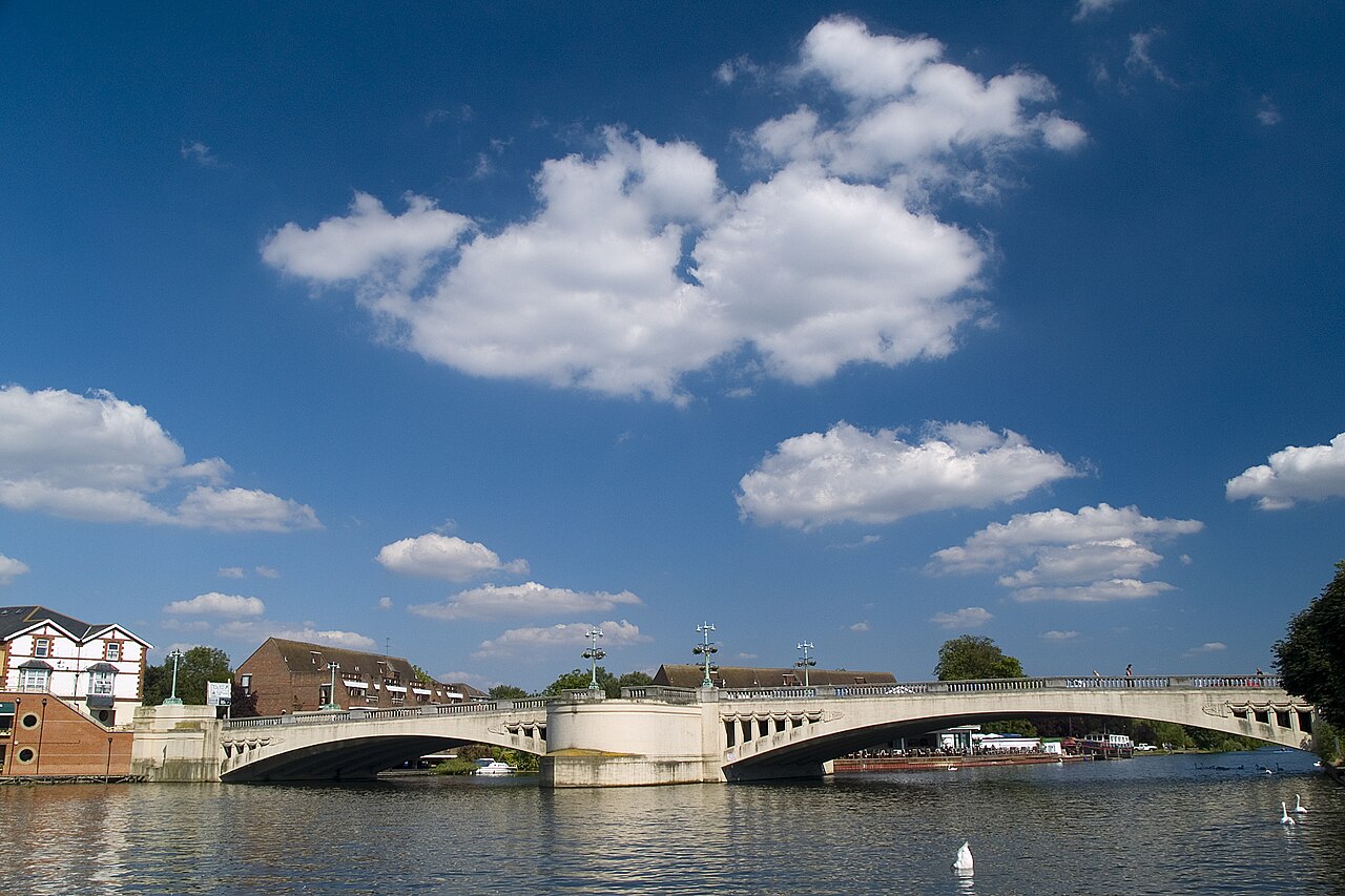 Caversham Bridge over the River Thames under a blue sky, close to J Mould's Reading base