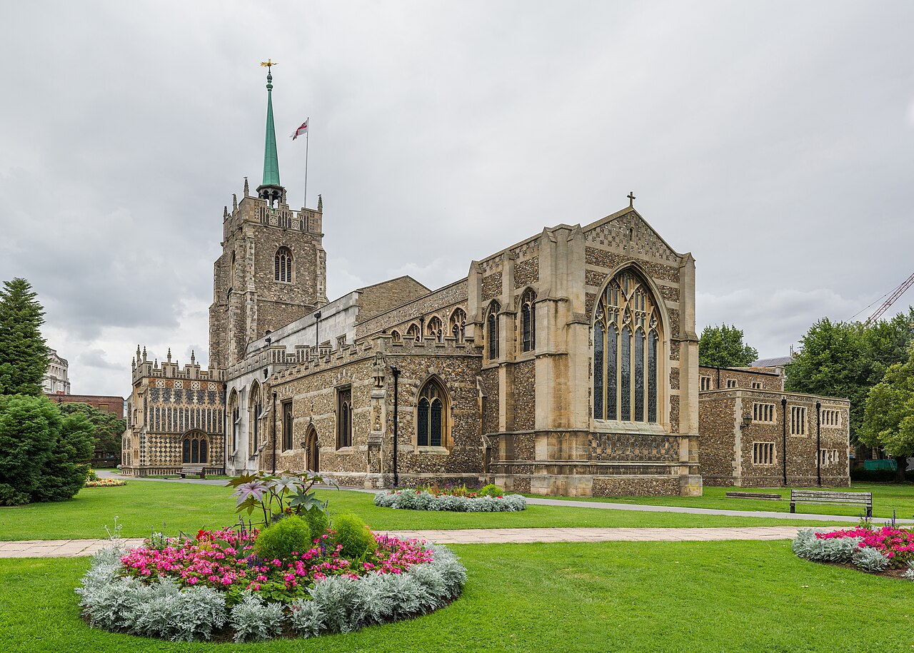 Chelmsford Cathedral's flint tower and green spire, a city J Mould covers for demolition
