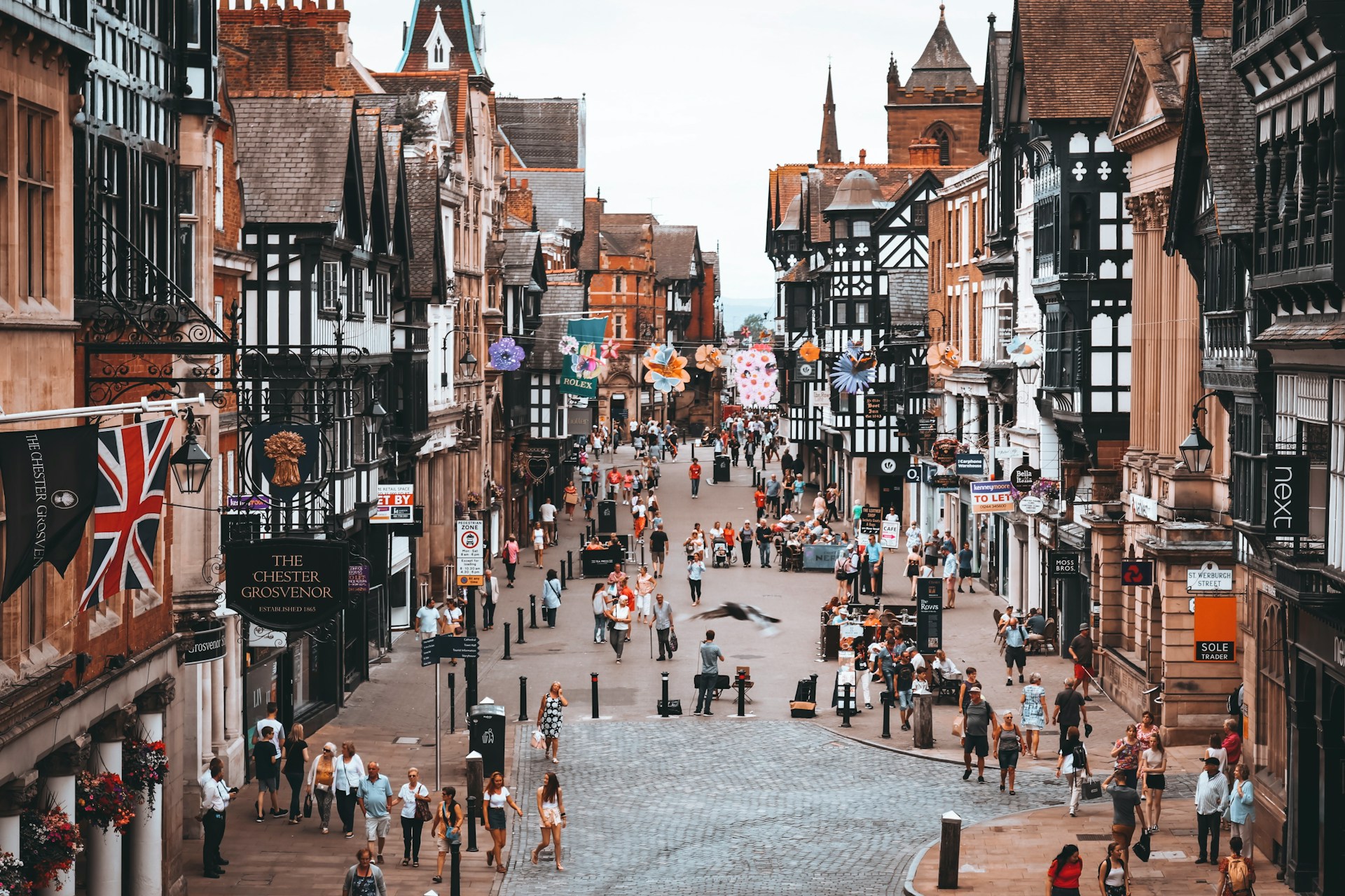 Eastgate Street in Chester lined with black-and-white Tudor-style buildings, served by J Mould demolition