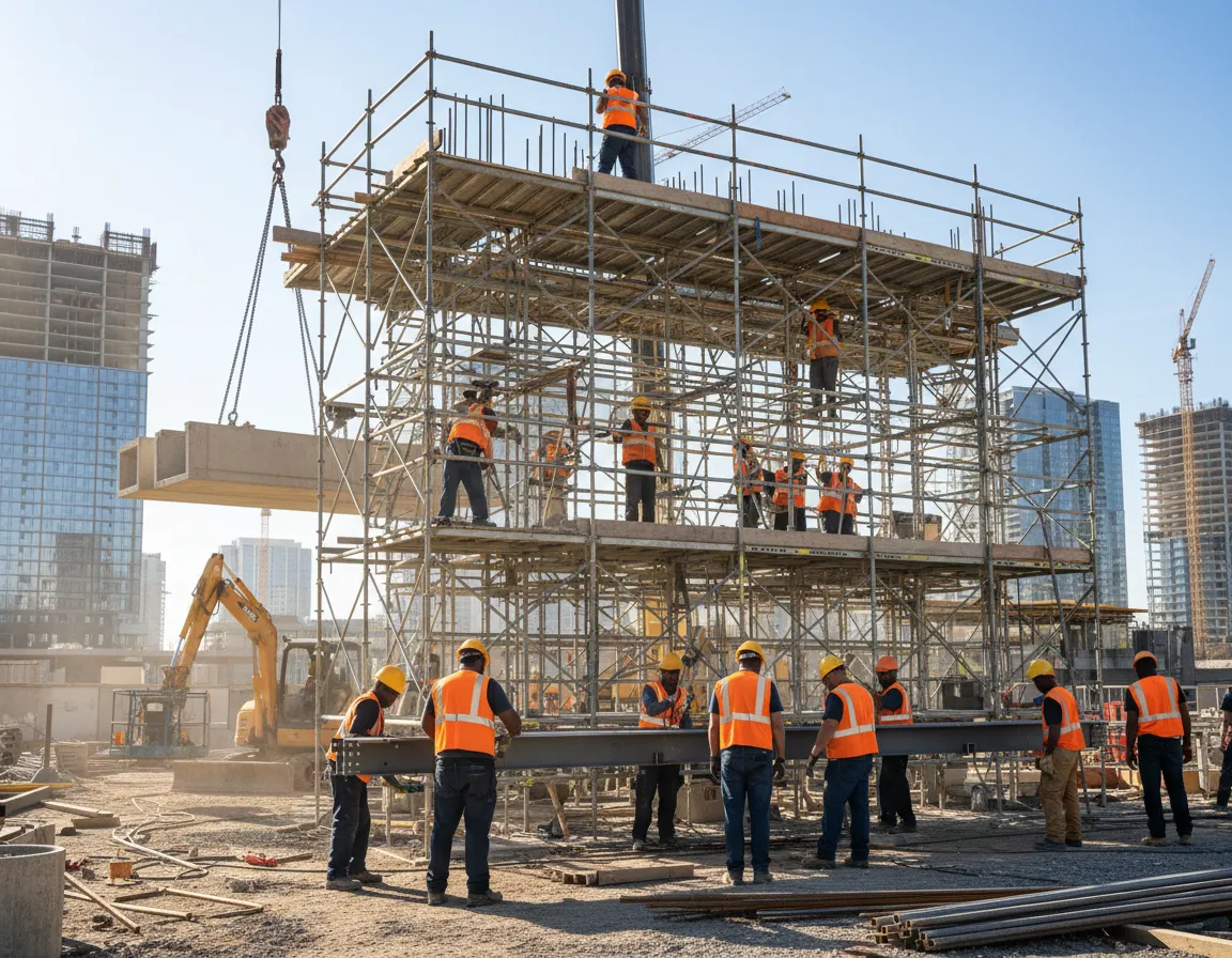 Construction workers on scaffolding assembling steel with a crane, city skyline behind