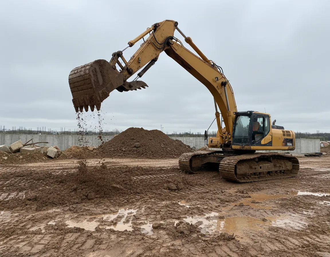 Yellow excavator tipping soil onto a mound on a muddy J Mould groundworks site