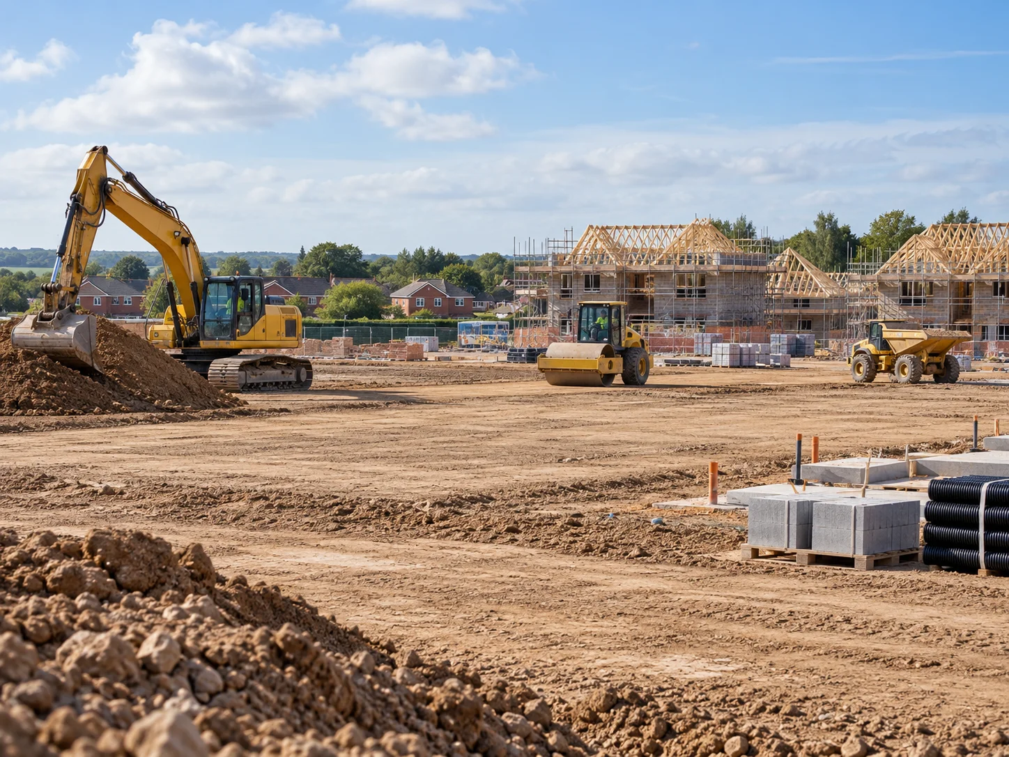 New-build housing site with roof trusses, an excavator, roller and dumper: the kind of job J Mould supplies aggregates for