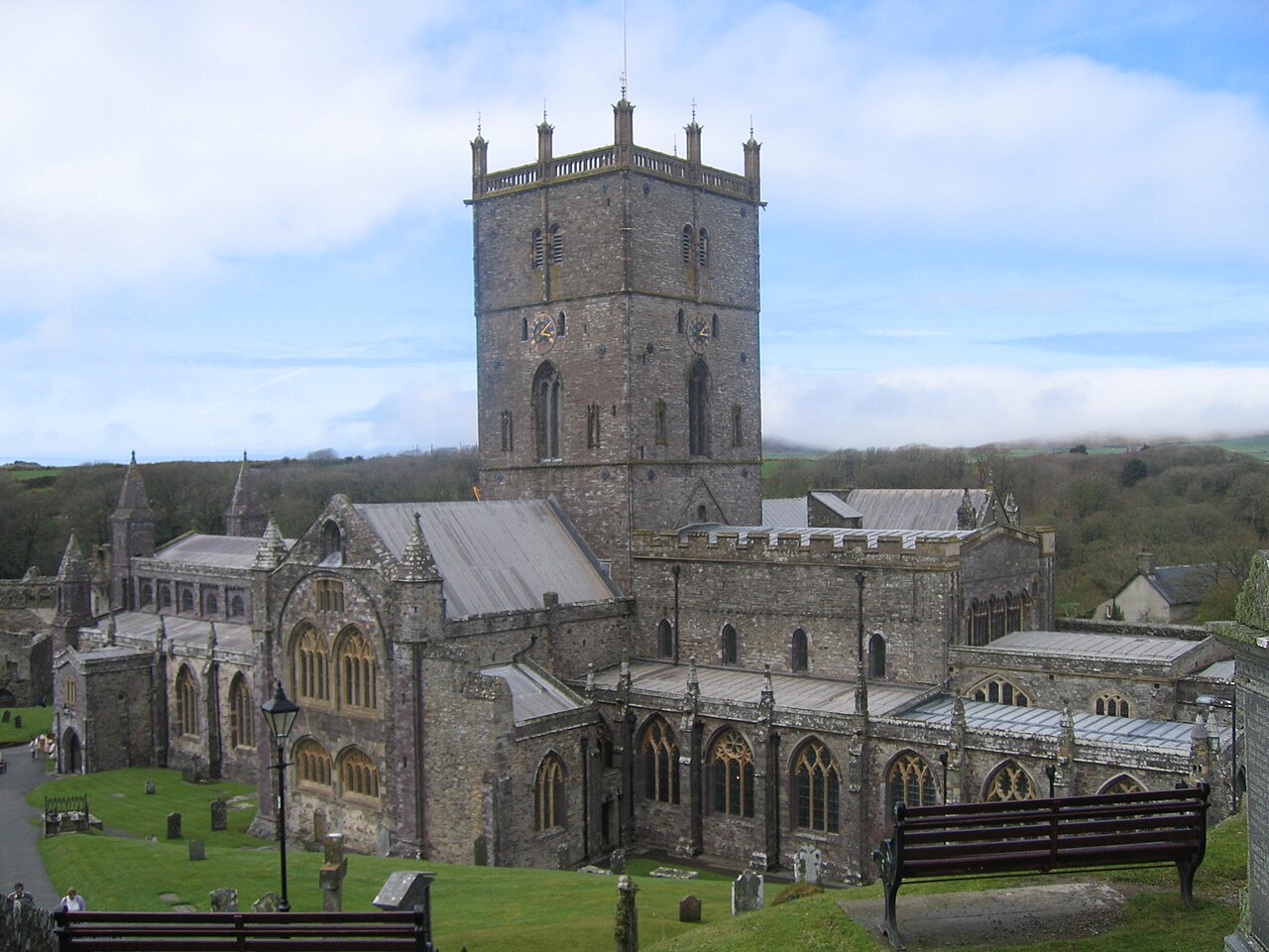 St Davids Cathedral's square tower from the churchyard, a city J Mould covers for demolition