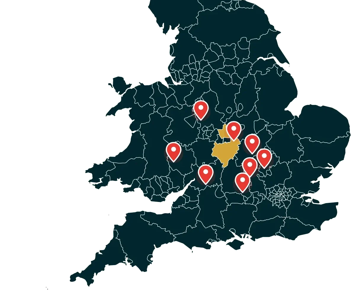Map of southern England with Berkshire highlighted and red pins marking the areas J Mould covers
