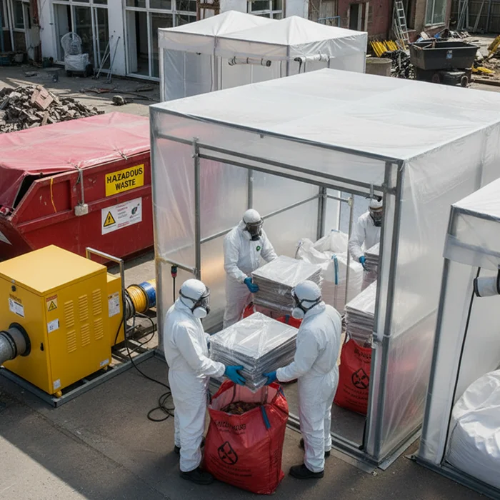 J Mould licensed asbestos removal: workers in protective suits bagging wrapped asbestos sheets in an enclosure