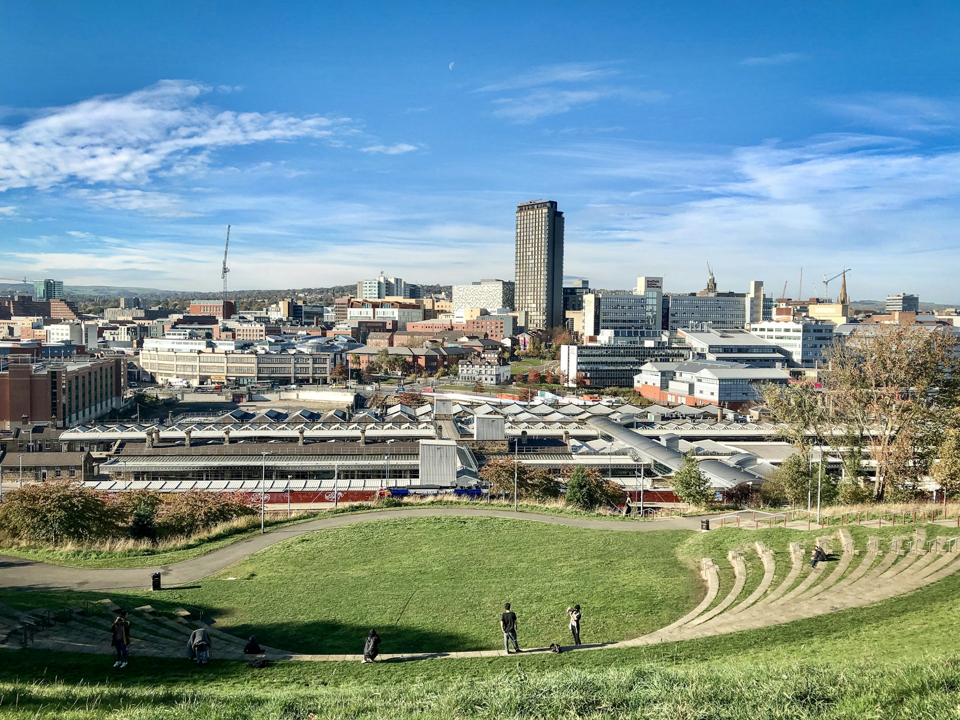 Sheffield city centre and station from Sheaf Valley Park, a city J Mould covers for demolition