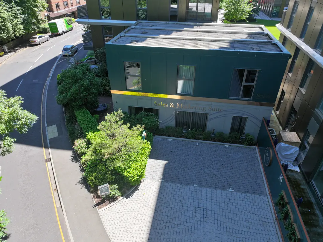 Aerial view of a residential development's sales and marketing suite and courtyard
