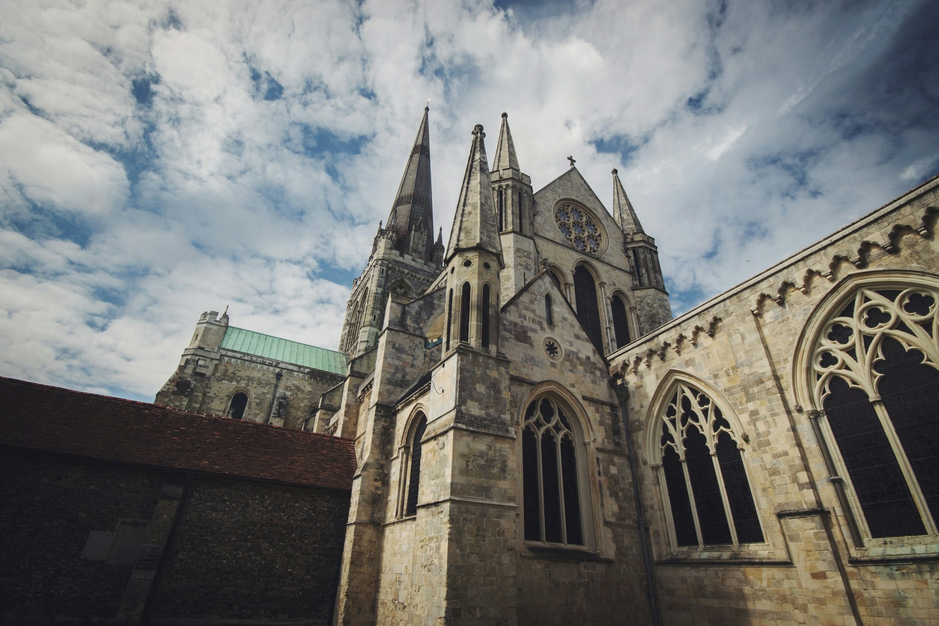 Chichester Cathedral's spire seen from the cloisters, where J Mould carries out demolition