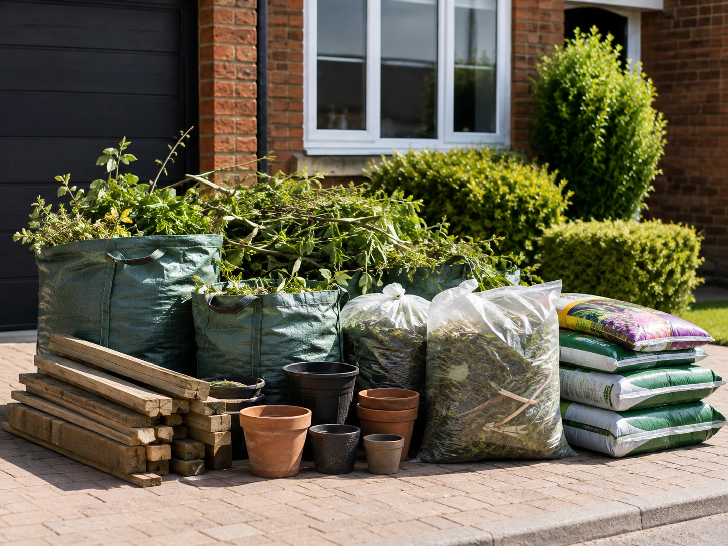 Garden waste in green bags with stacked timber, plant pots and compost sacks on a brick driveway