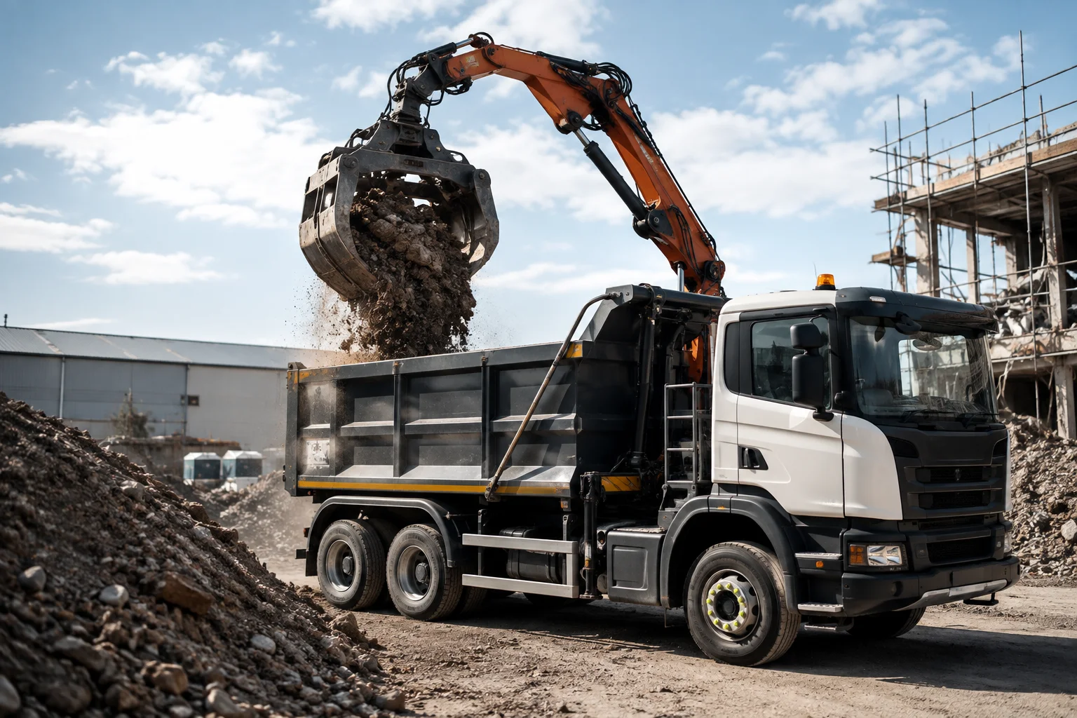 J Mould grab lorry lifting soil and rubble into its tipper body beside a scaffolded building