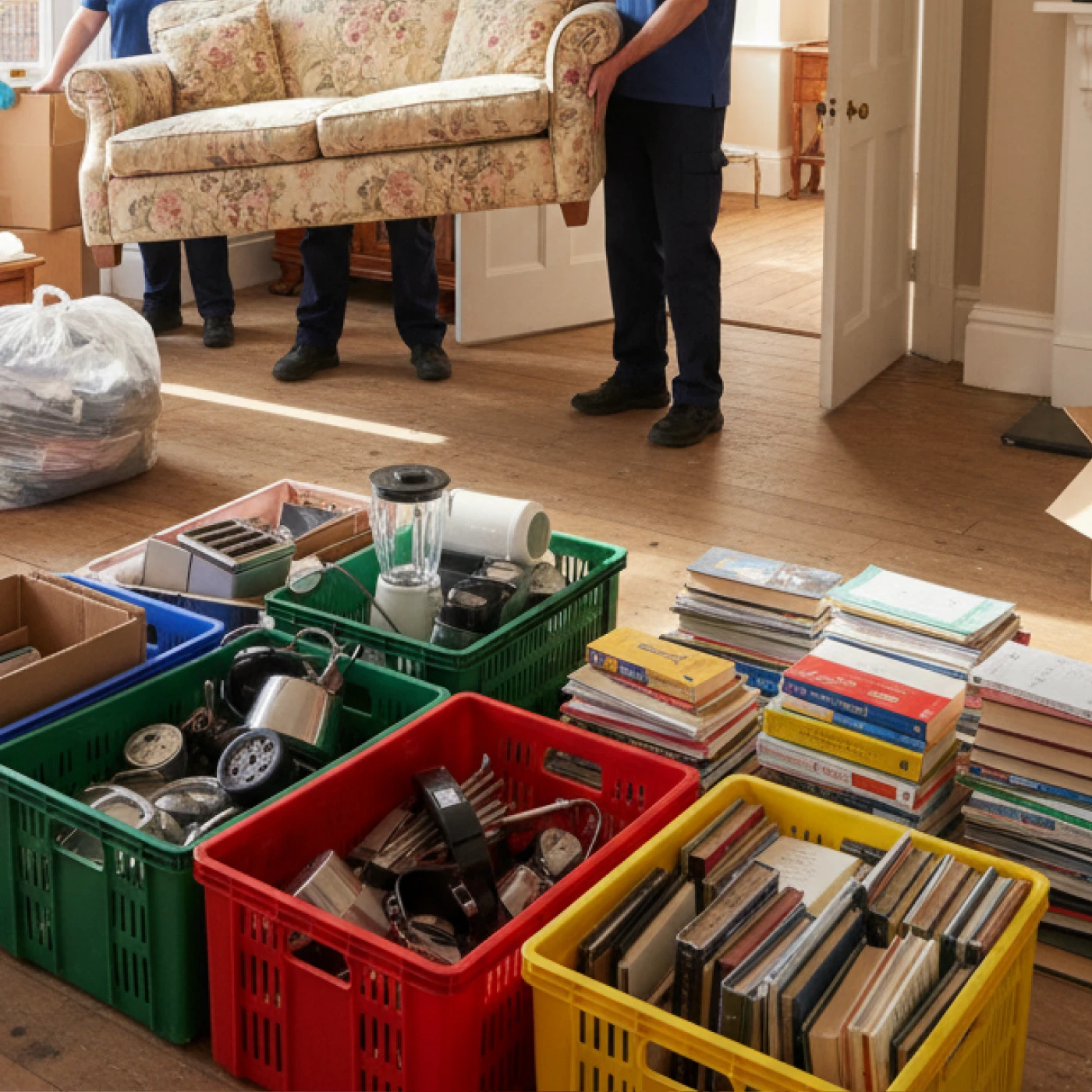 J Mould house clearance: two workers carrying out a floral sofa, with kitchenware and books sorted on the floor