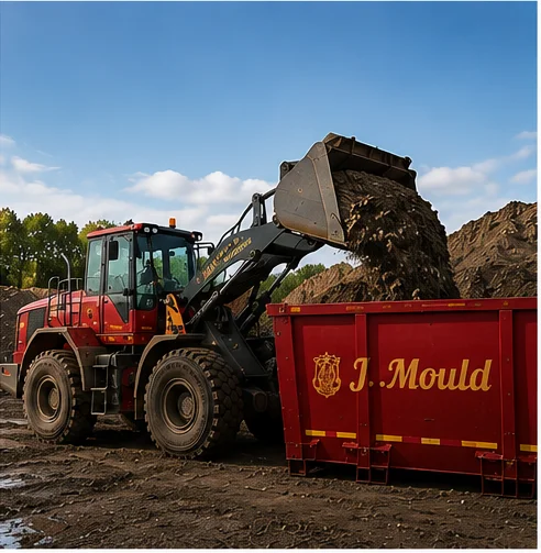 Red wheel loader tipping soil into a red J Mould skip beside earth stockpiles