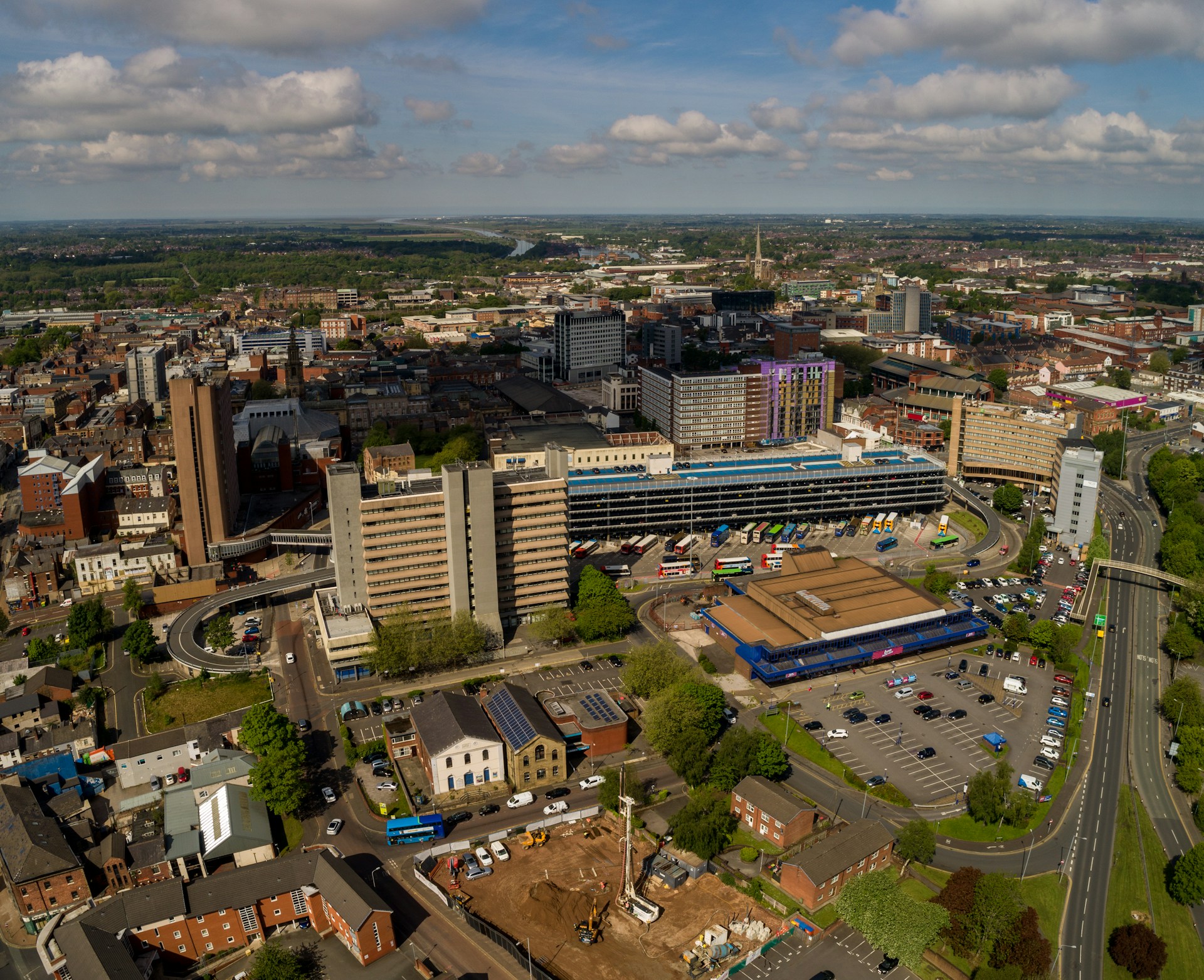 Aerial view of Preston city centre and its concrete bus station, where J Mould carries out demolition