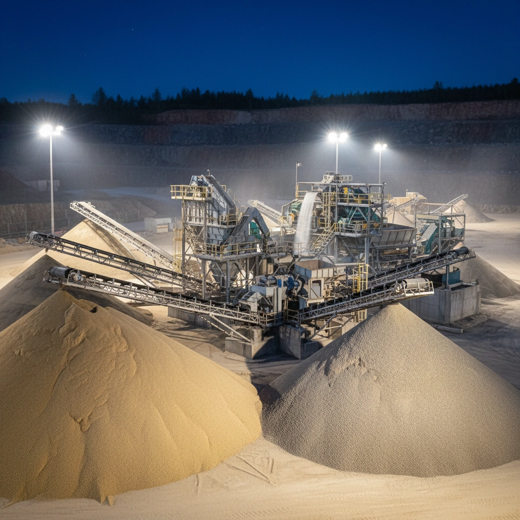 J Mould's floodlit aggregate processing plant with sand and gravel stockpiles at night