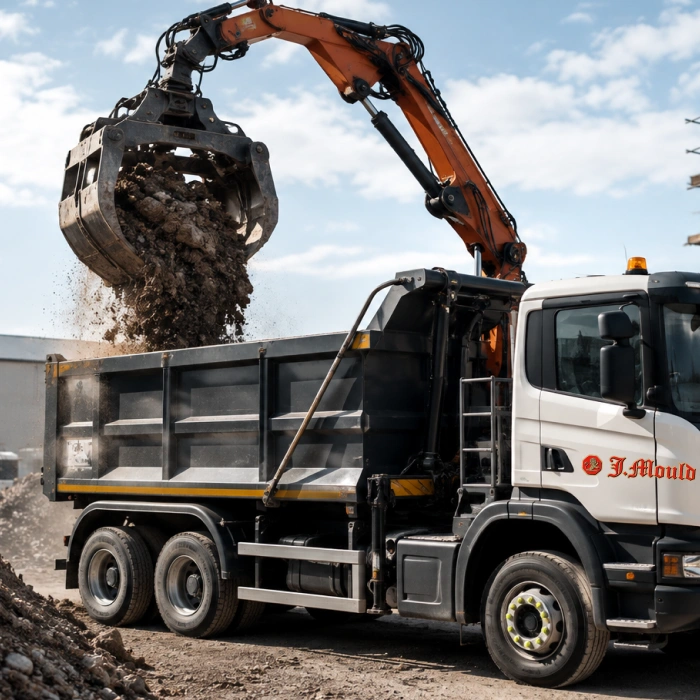 J Mould HIAB grab lorry loading soil into its own tipper body
