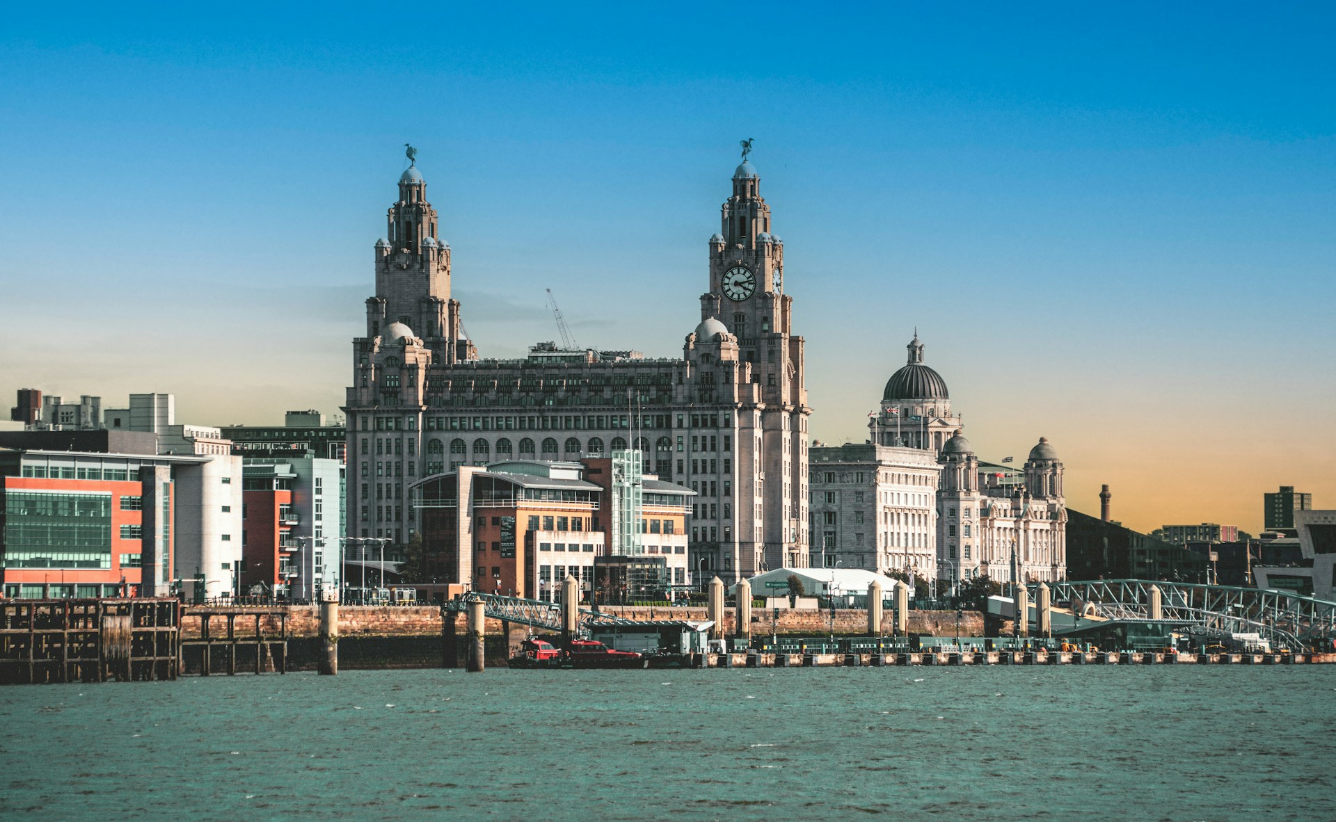 Liverpool waterfront with the Royal Liver Building and Port of Liverpool Building, served by J Mould demolition