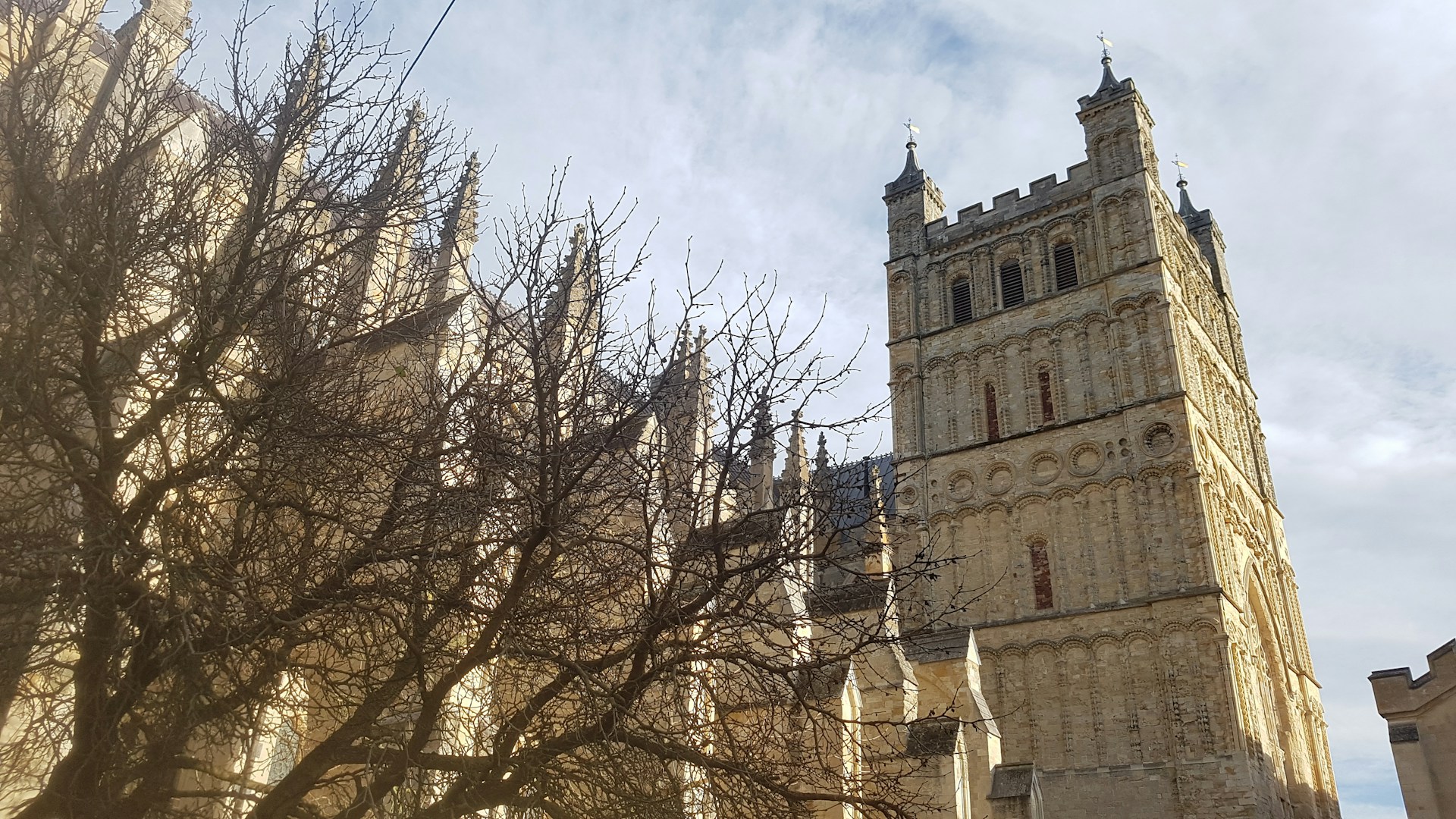 Exeter Cathedral's Norman tower behind a bare winter tree, a city J Mould covers for demolition