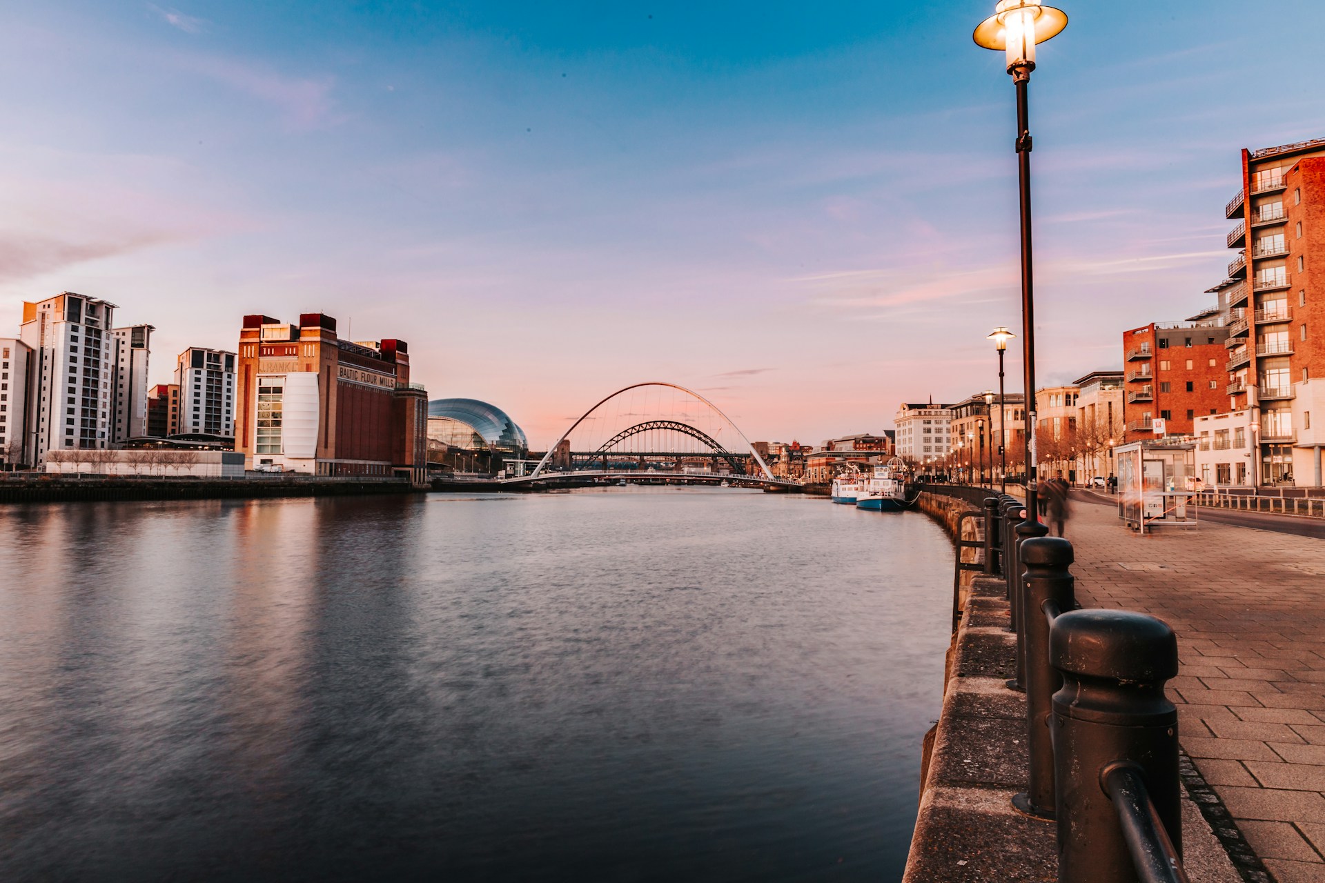 River Tyne quayside at dusk with the Baltic, the Sage and the Gateshead Millennium Bridge