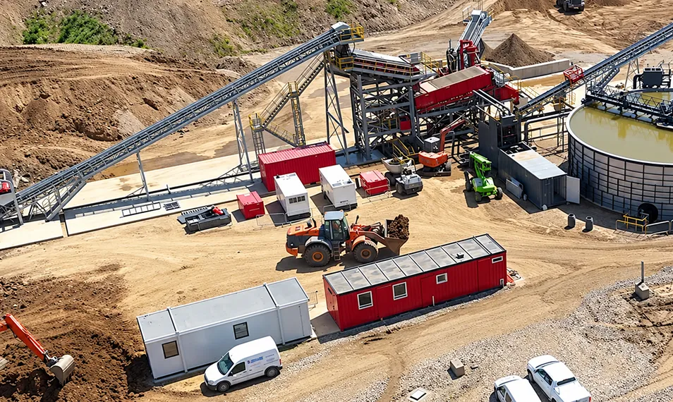 Aerial view of J Mould's aggregates washing plant with conveyors, a wheel loader, cabins and a water tank