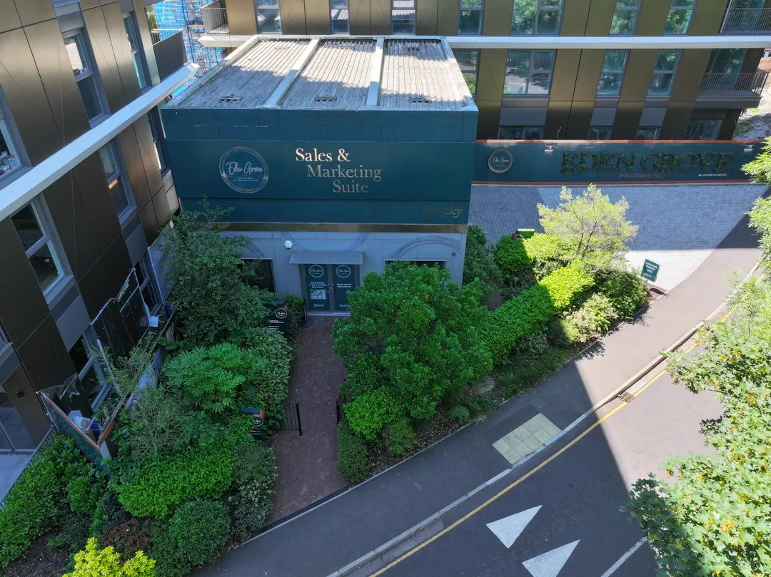 Aerial view of the Eden Grove sales and marketing suite between new apartment blocks, a J Mould project